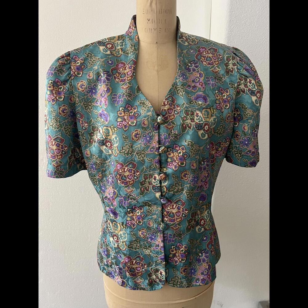 Adrianna Papell Vintag Silk Floral Turquoise Top 90’s size 10 women’s